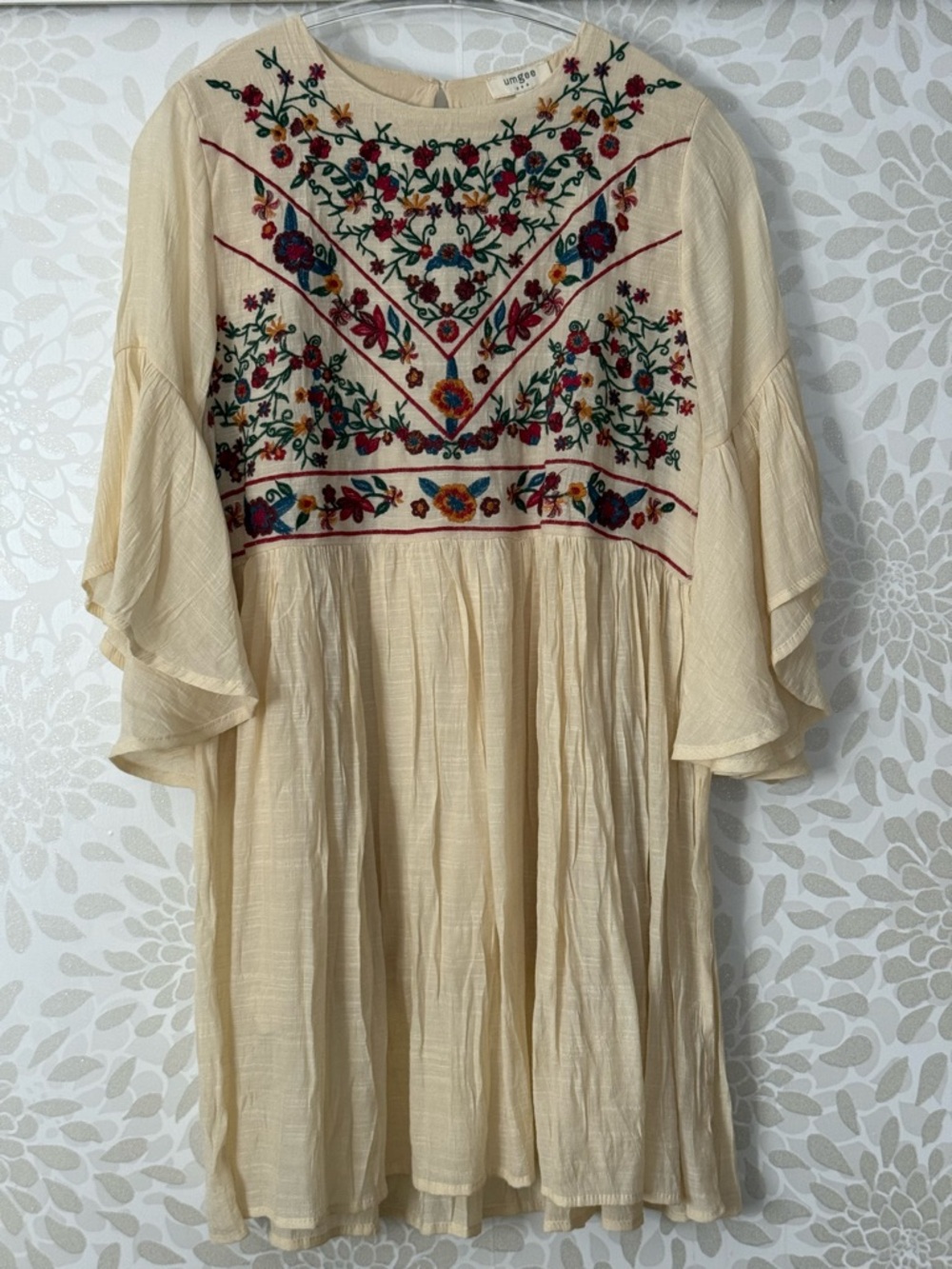 Umgee Women’s S Ivory Boho Flower Embroidered Babydoll Bell Sleeve Short Dress